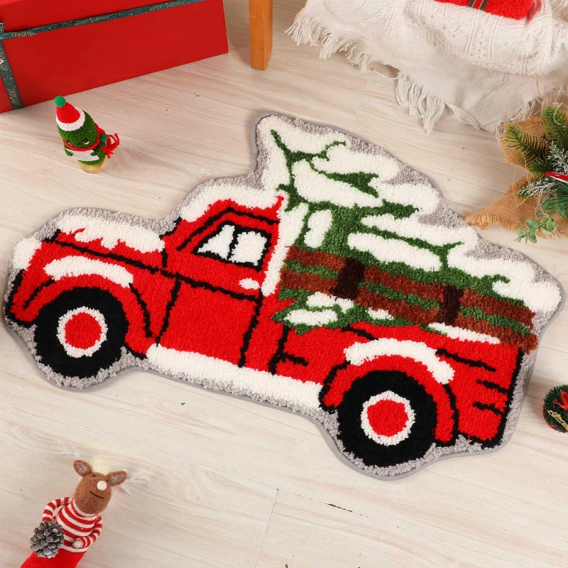 VIKAMA Soft Plush Christmas Rug, Red Pickup Truck Snowy Tree Carpet, Washable Holiday Doormat, Entryway Winter Home Decor