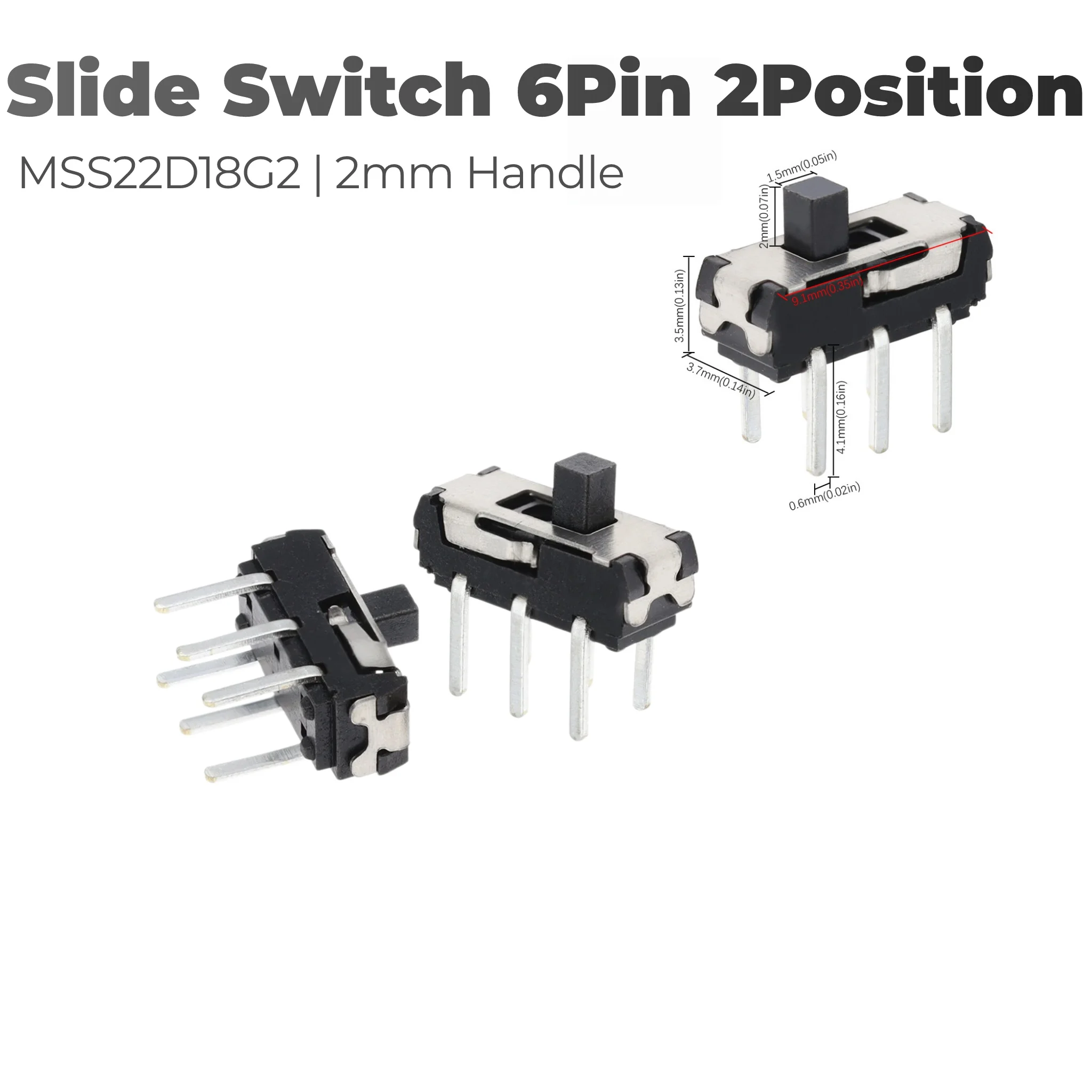 MSS22D18G2 Mini Slide Switch DIP 6 Pin 2 Position 2P2T 2mm Handle Vertical Slide Toggle Switch for DVD Electronic Equipment