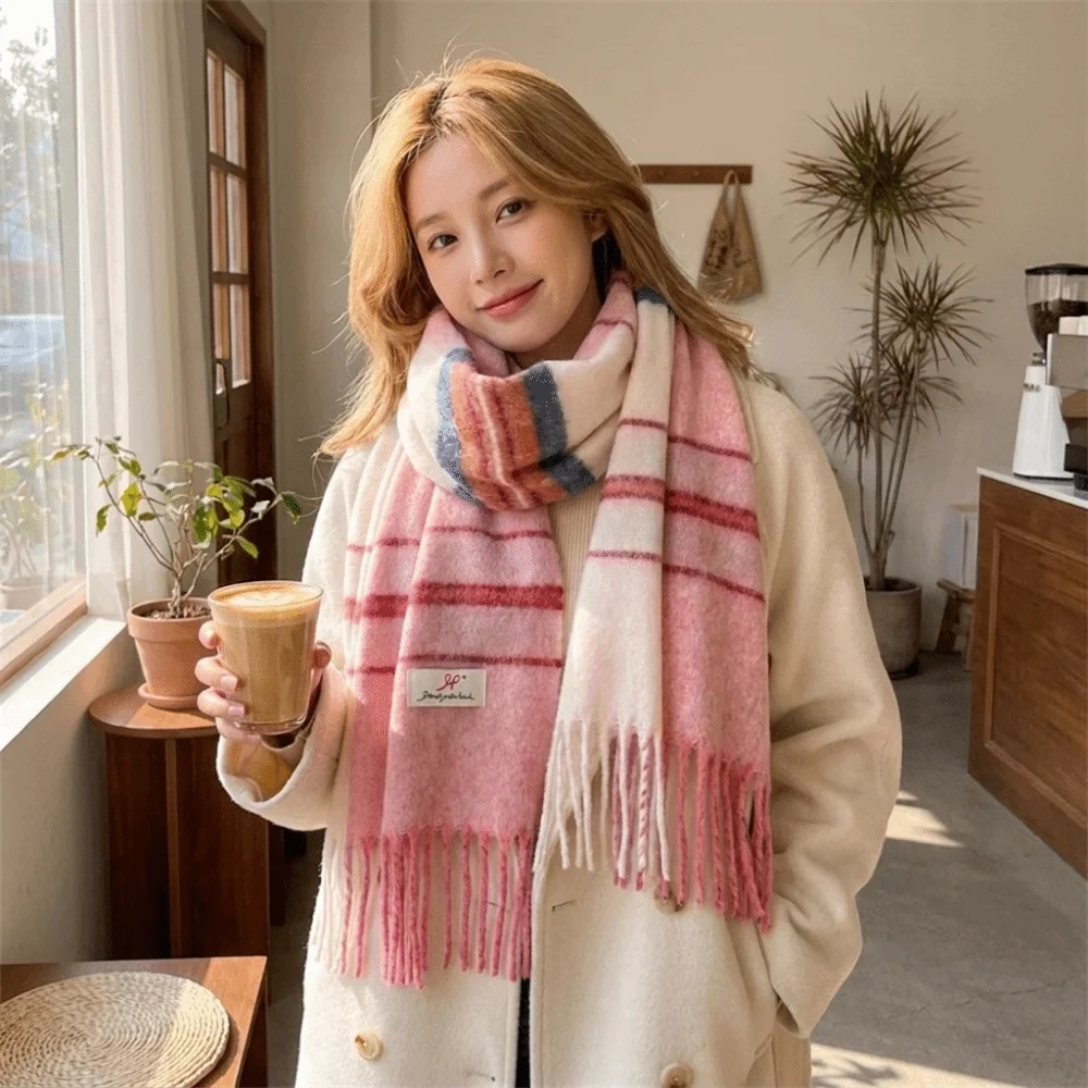 Luxury Soft Faux Cashmere Scarf Thickened Color-Block Blanket Scarf Classic Tassels Plaid Design Warm Stripe Shawl Autumn Winter