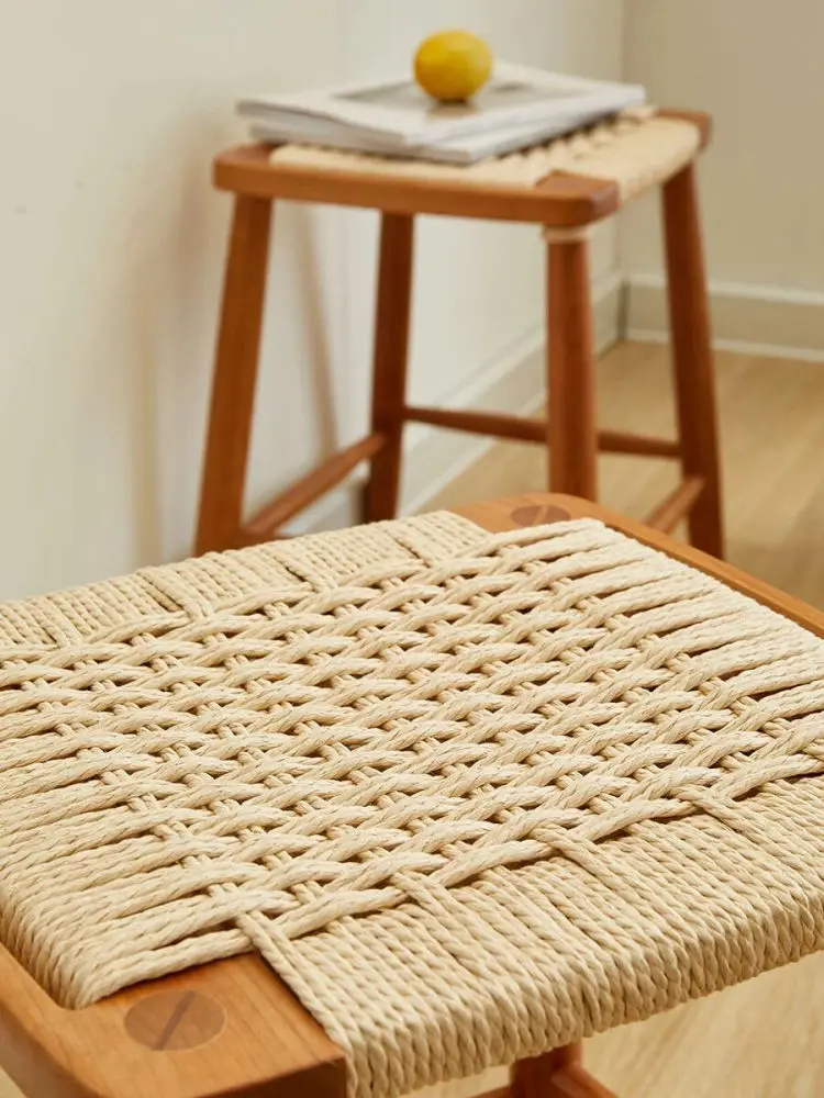 Japanese-style solid wood household square stool log wind simple rope weaving shoe changing stool retro tea room creative