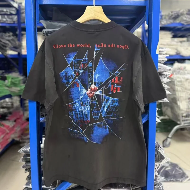 Anime Spider Web Graphic Vintage Washed Cotton T Shirt