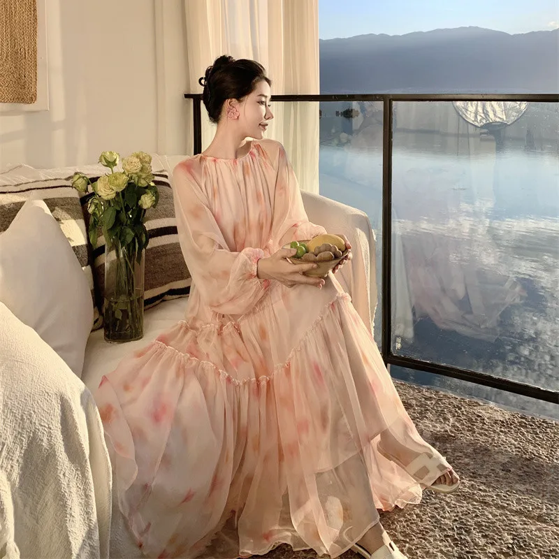 Elegância francesa rosa floral puff manga chiffon em camadas vestidos de balanço para mulheres verão preguiçoso férias praia solto vestido longo