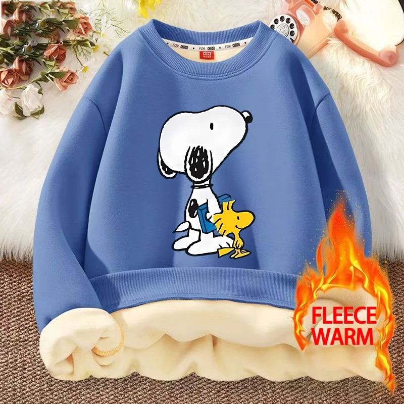 

Snoopys Round Neck Pullover Hoodies Boy Girl Cartoon Anime Lamb Fleece Sweatshirt Winter Warm Thick Kid Home Clothing Tops Gifts