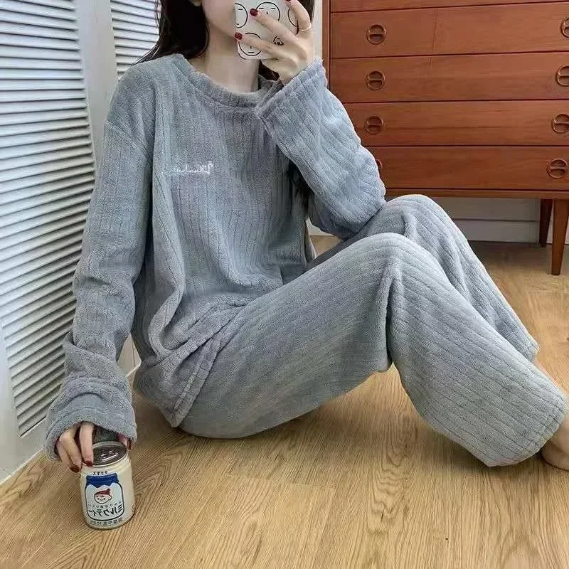 Autumn Women Solid Warm 2 Piece Sets Thicken Velvet Ribbed Fleece Set Pullover And Pants Women Casual Pajama Sets 2024