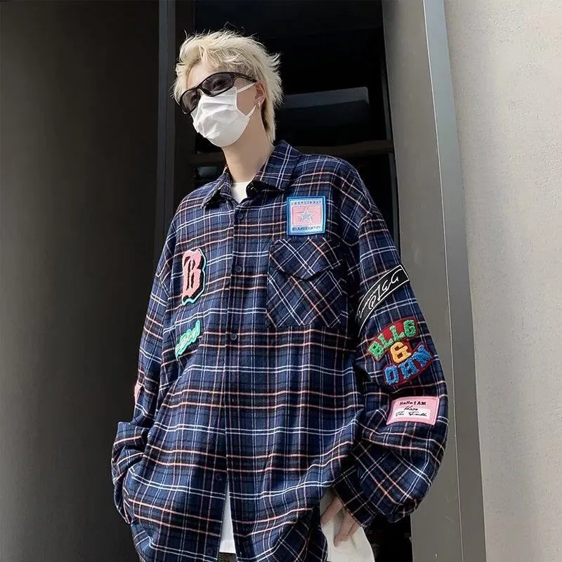 

Male Japanese Style Trendy Plaid Shirts Tops Men Embroidery Festival Party Nightclub CP Lover Handsome Gothic Coat Jacket Blouse