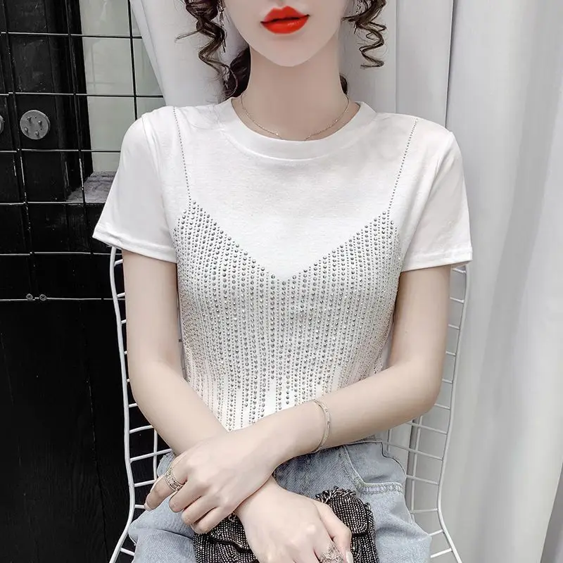 여성용 반팔 티셔츠, 니치 디자인 센스, 핫 다이아몬드 패션, 슬림 프렌치 탑, 2023 여름 신상