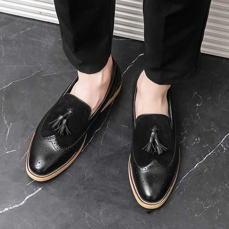 PU Splicing Suede Flow Su Loafers Shoes for Men with Pointed Toes and Low Heels Comfortable for Business Formal Wear Shoes