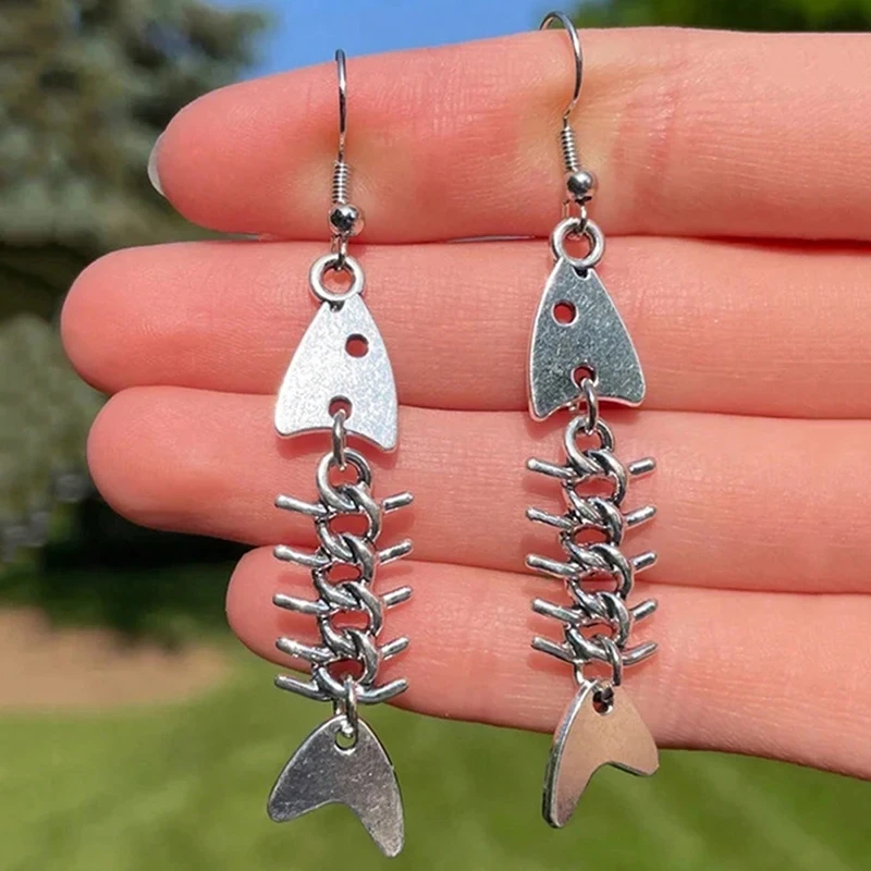 Fashion Antique Silver Color Fish Skeleton Charm Fish Bone Dangle Earrings Fishbone Punk Jewelry for Women