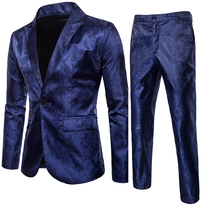 

High Quality Men's Classic Jacquard Suit Set 2pieces (Blazer+pants) Luxury Fashion Business Slim Social Ball Tailcoat