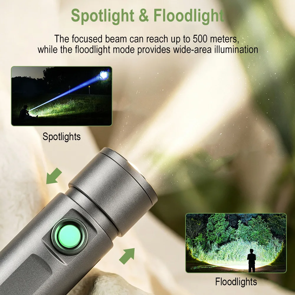 BORUiT Mini EDC Keychain Flashlight LED Type-C Rechargeable  Zoom Flashlight Outdoor Lamp Camping Lantern Fishing Pocket Torch