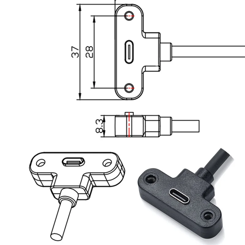 Câble USB 2.0 Type-C Mâle vers Femelle Résistant à 90 ° avec Vis, Déflecteur de 0.3m