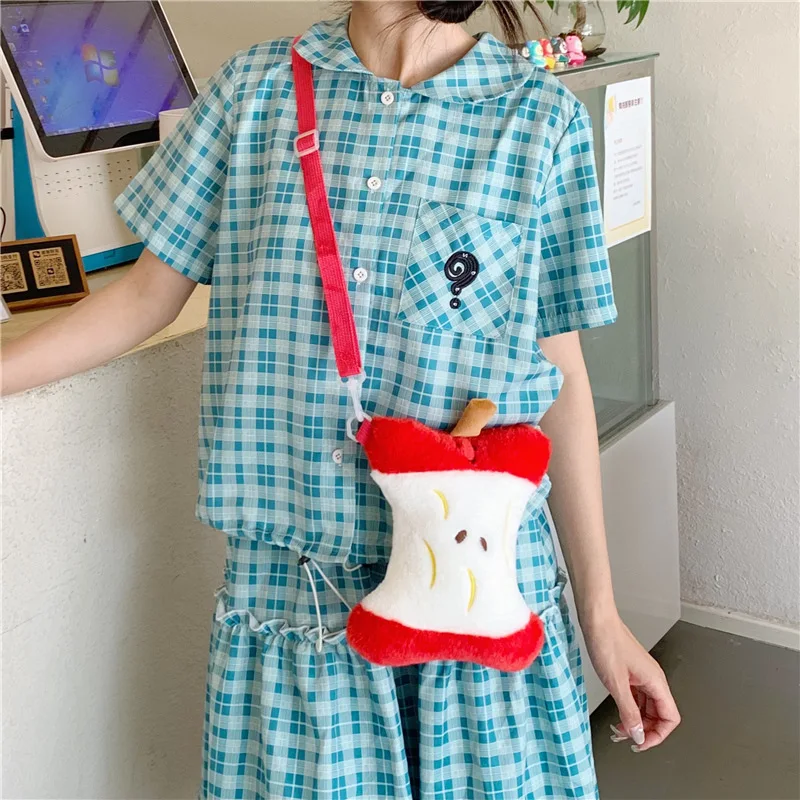 Backpack & Crossbody Shoulder Bag,Women Cute Sweet Plush Apple-Shaped Kawaii Lightweight Handbag,Girls School Bag,Daypack