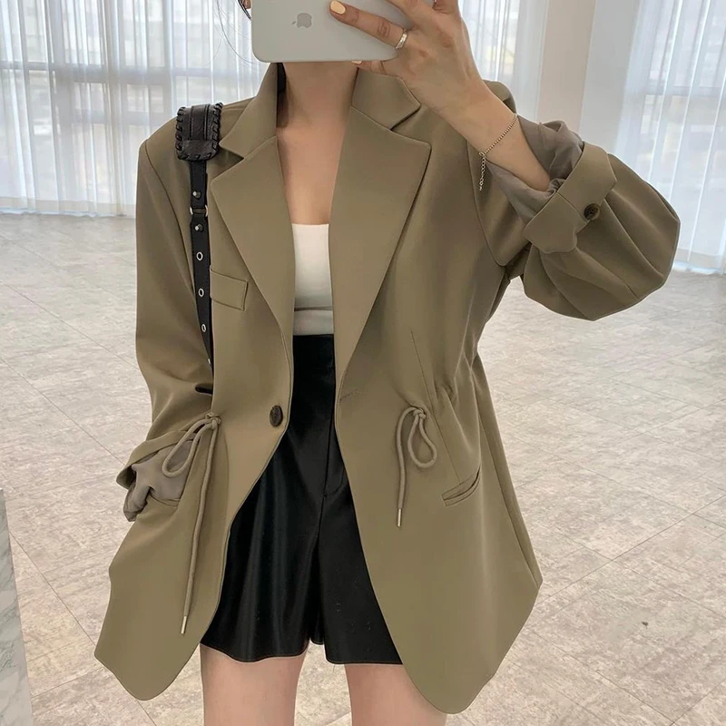 

Chic Spring Vintage Suit Jaet Women's Loose Long Sve Dstring Waist One Button Double ket Coat Casual Versatile Sle