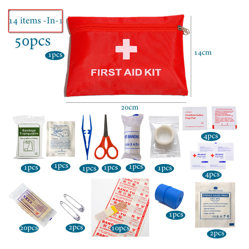 50pcs Set Portable First Aid Kit Red Car Emergency Kit Accessories For Home Family Travel Outdoor Emergency Medical Treatment 
