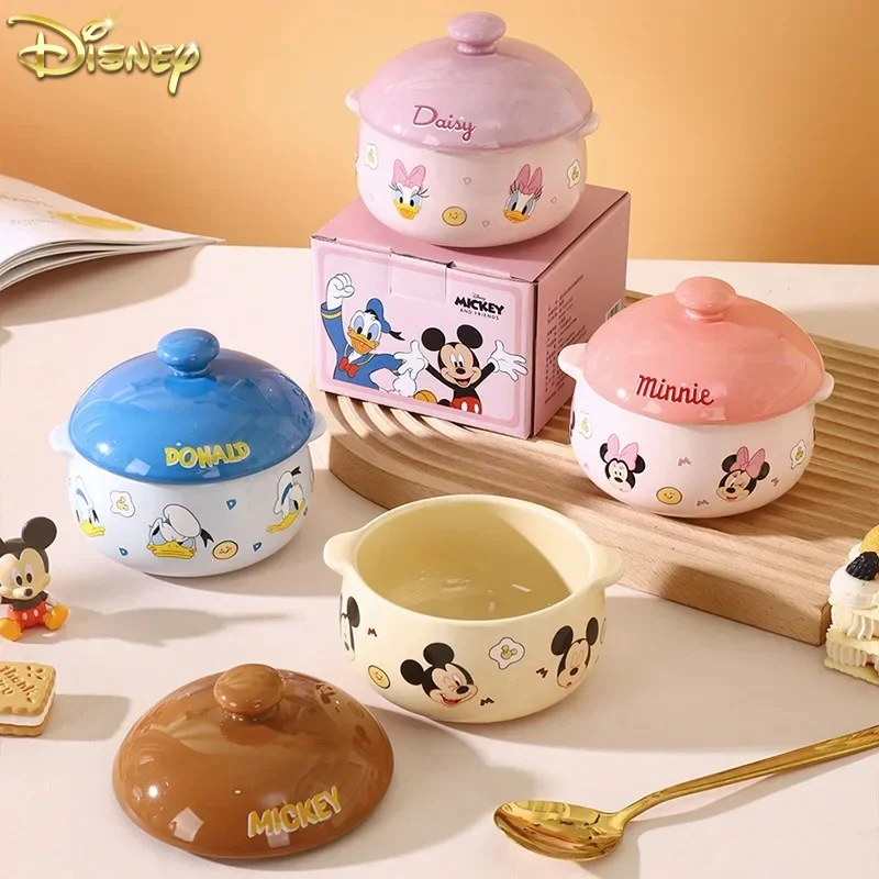 Disney Anime Mickey Mouse Minnie Mouse Cartoon Stew Cup Ceramic Double Ear Stew Pot With Lid Steamed Egg Bowl Soup Cup Gift