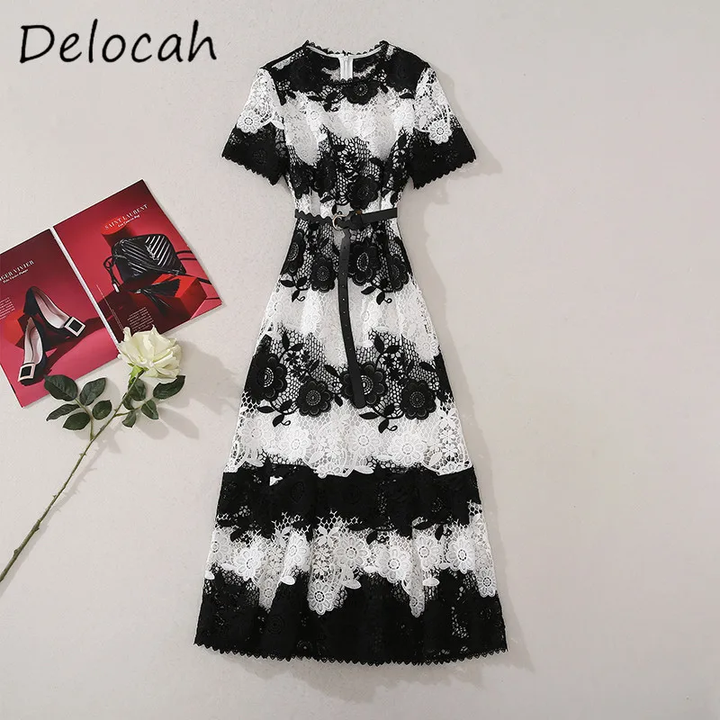 Deloach Fashion Women's Wear Design Round Neck Customized Black White Intercolor Lace Belt Decorative Short Sleeved Dress