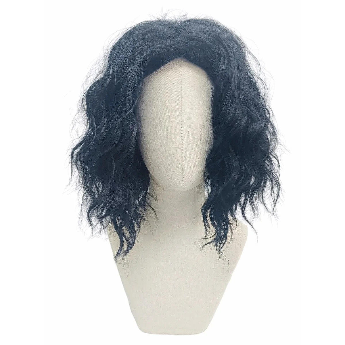 Black Synthetic Short Wavy Bob Mesh Cap Layered Fluffy Cosplay Wig Halloween Party Costume Role Play