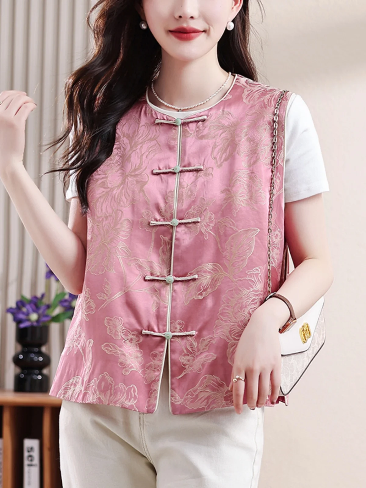 سترة نسائية وردية ثقيلة الوزن للربيع والصيف تصميم ريترو مطرز صيني Sle الاتجاه الوطني بأزرار علوية من القطن 00% #2