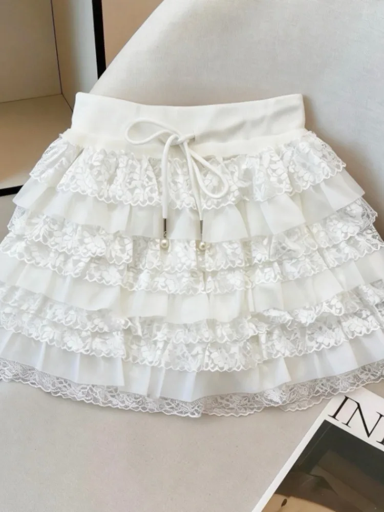 

Юбка А-силуэта с высокой талией и кружевной вышивкой, пышный дизайн в стиле «торт» для женщин, весна-лето, для образа «сладкая и дерзкая девушка»