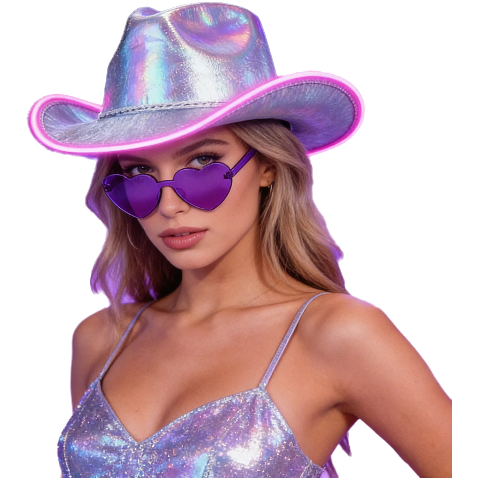 2Pcs Light-Up Cowboy Hat with Heart Shaped Glasses Set for Women Irish Cowgirls Hat St Patrick Day Party Dress Up Accessories view 3