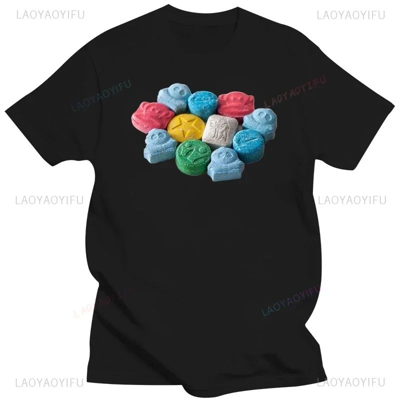 Funny Rave Mus Ecstasy Pills XTC Cocaines Ugs Men Graphic T Shirts Fitn T-shirt Cotton T Shirt Summer Men Woman Black T-shirt