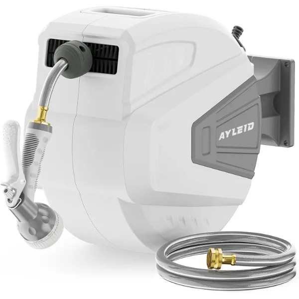 

Ayleid Retractable Garden Hose Reel,1/2 in x 100 ft Wall Mounted Hose Reel, with 9- Function Sprayer Nozzle,Any Length Lock/Slow