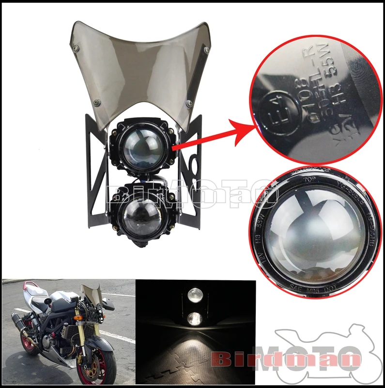 4\'\' E4 Emark Motorcycle 12V Twin Headlight w/ Bracket Streetfighter Projector Dual Sport Front Headlamp Assembly w/ Windscreen