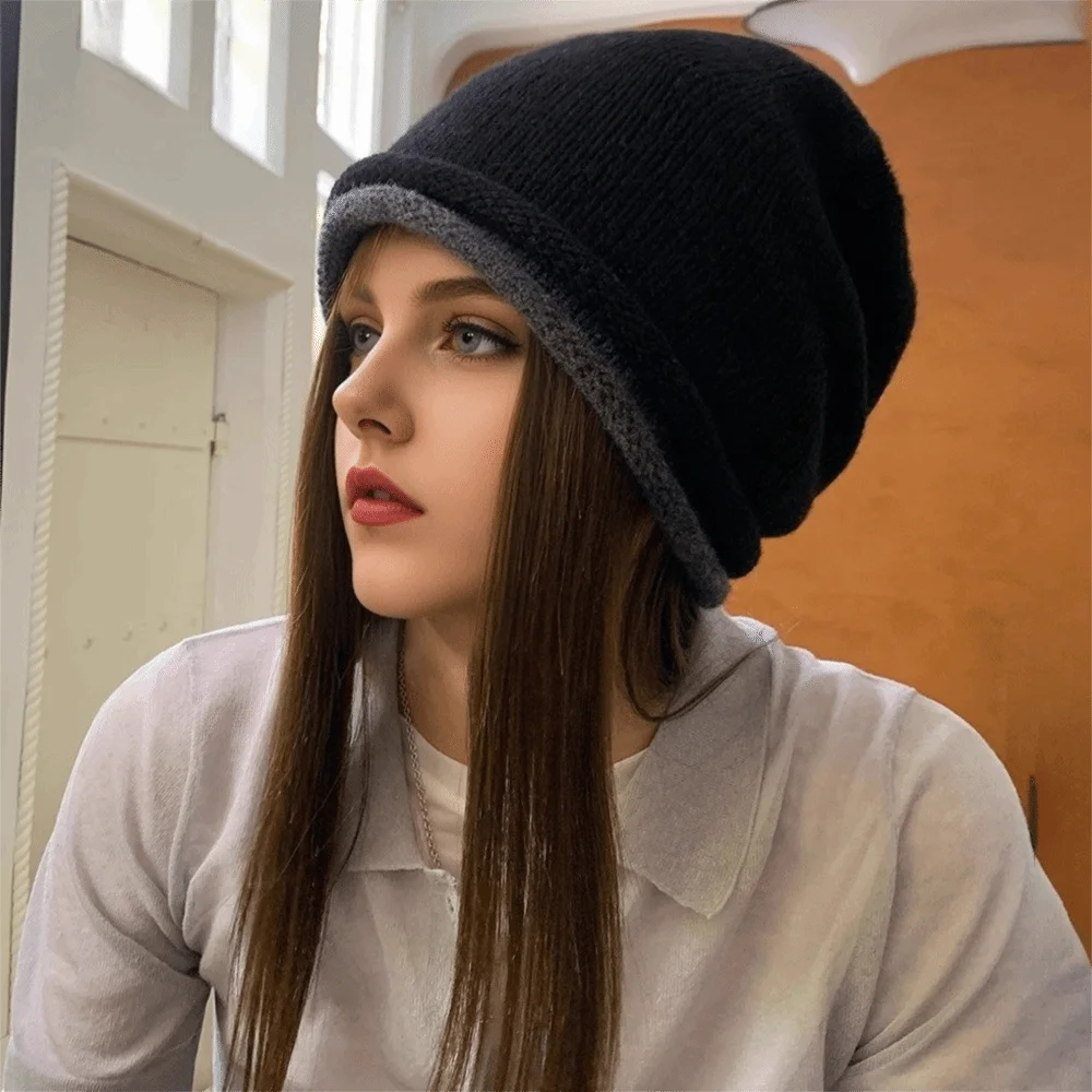 Fashion Elastic Knitted Stacked Hat Double-sided Hip-hop Ear Protection Cold Hat Dome Korean Style Pullover Cap Women Girls