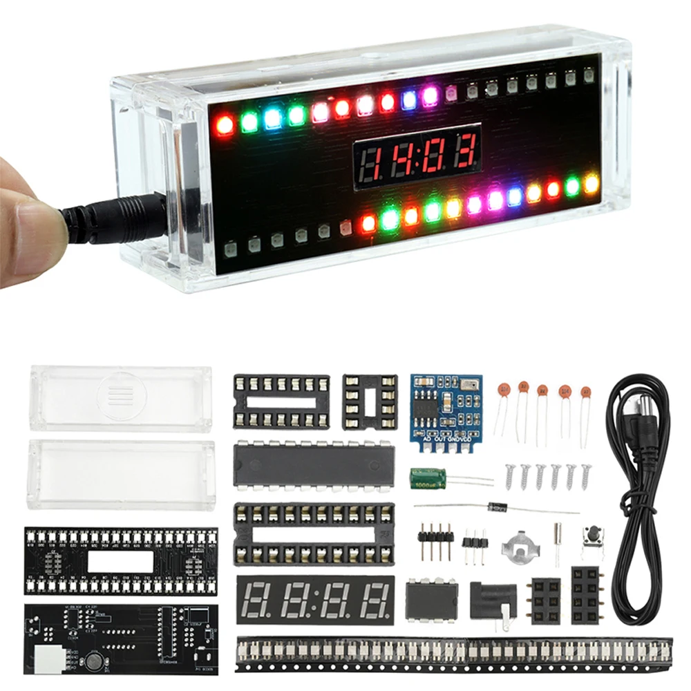 DC5V 0.28 Inch DIY LED Digital Clock Electronic Kit Sound-Control Spectrum Rhythm Light Nixie Tube Display DIY Soldering Project