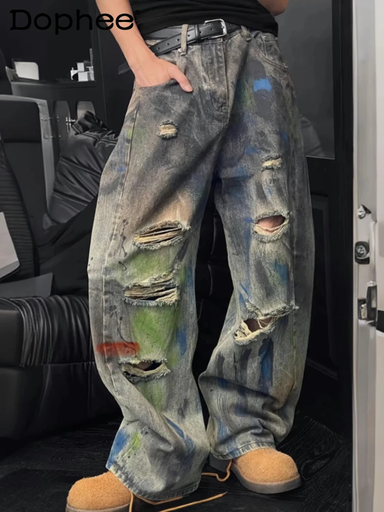 

Trendy Men's 2025 Autumn New Denim Trousers Hole Graffiti Personalized Design Jeans Loose Fashion Versatile Straight Denim Pants