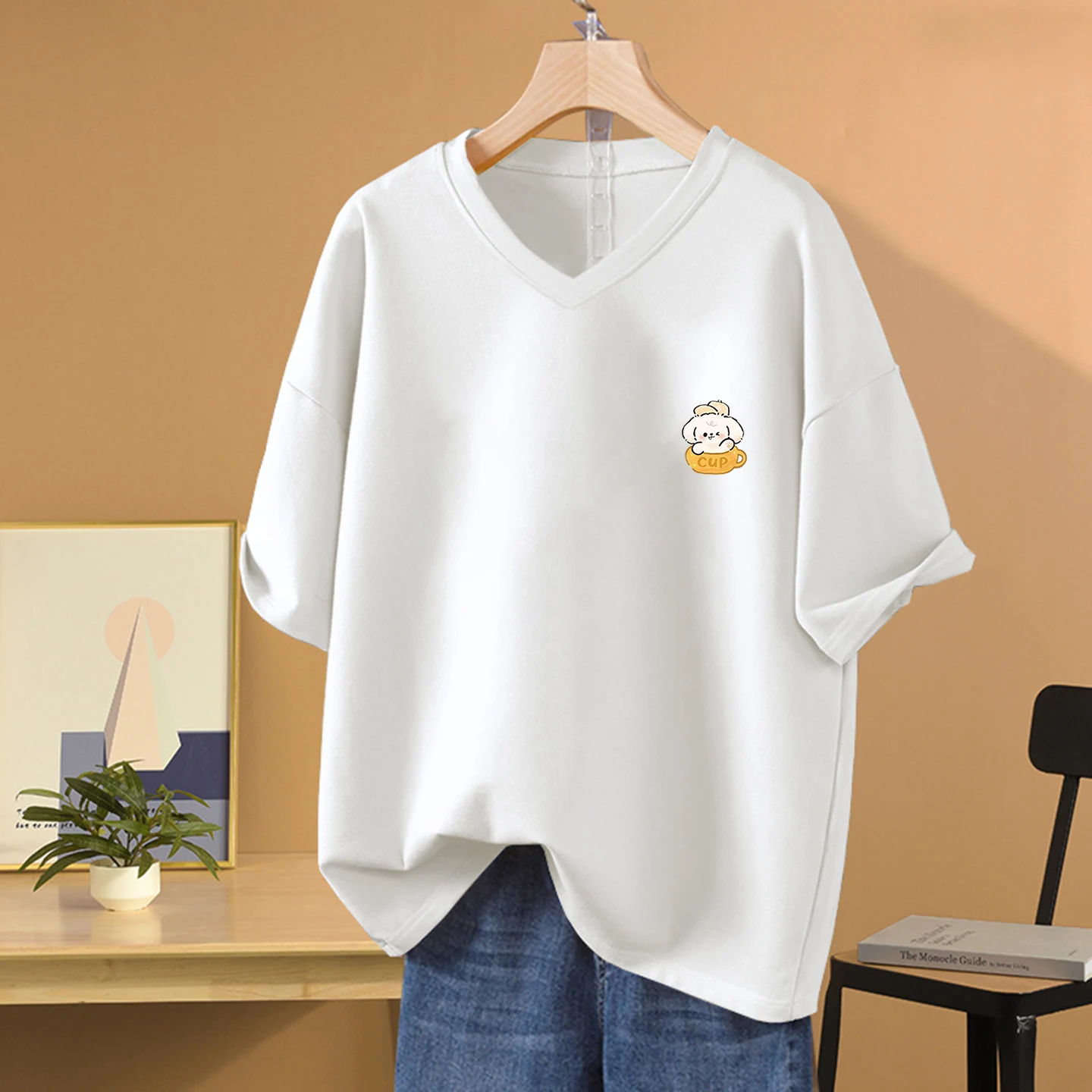2026 New plus Size Loose Fit Pure Cotton Short Sleeve T-Shirt Women Casual Versatile Slimming Small Size V-Neck Top