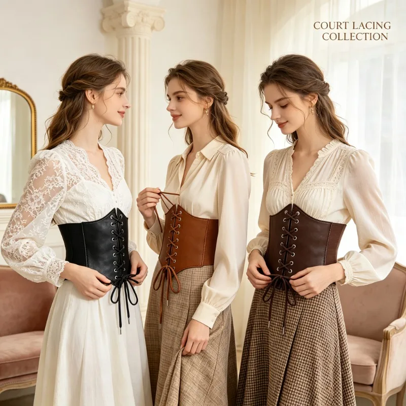 Three Color Court Style Fashion Women Lace Up Loose Elastic Corset Waist Belt Women Dress Elastic Waistband