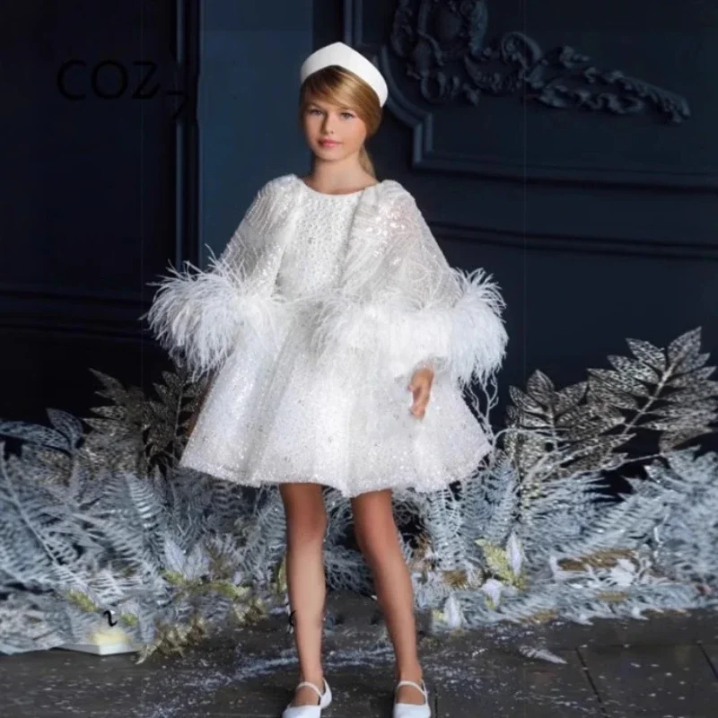 2025 Cute Princess Dress Birthday Party Flower Girl Daily Dresses Vestido De Novias Largos Wedding Party Sequin Feather Clothes