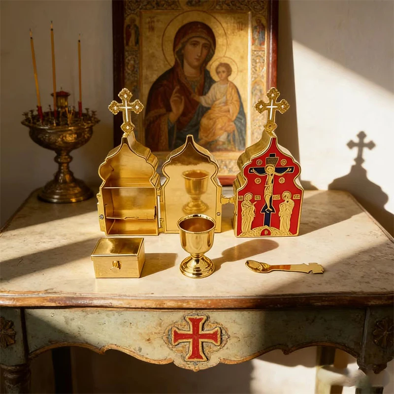 

New Byzantine Gold Plated Orthodox Communion Tabernacle Set with Red Enamel Icons for Church Liturgy Home Altar Devotion Gift