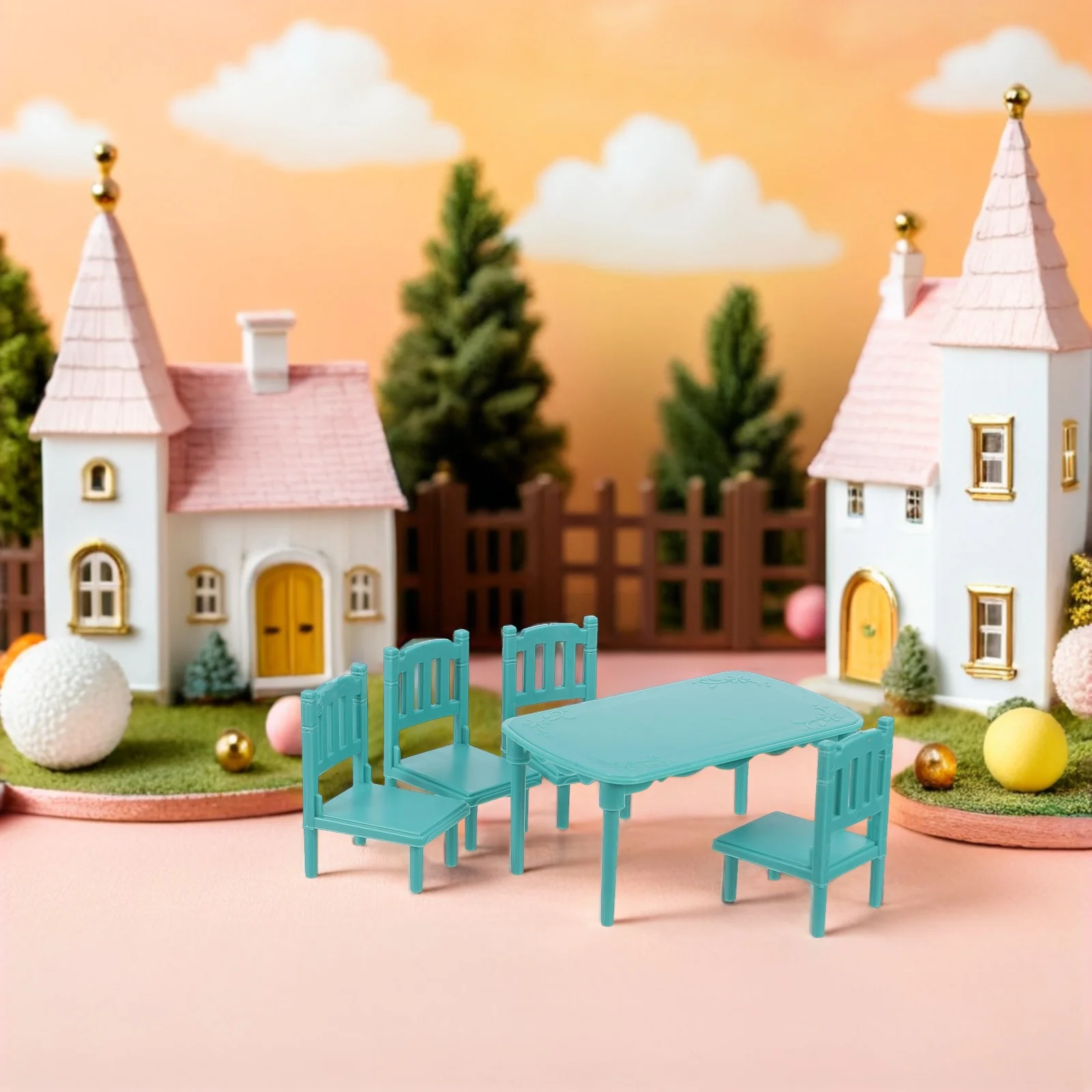 1Set miniatuur eettafel en stoelen voor poppenhuis keukenscène Lichtgewicht plastic mini-meubelset voor spelen en