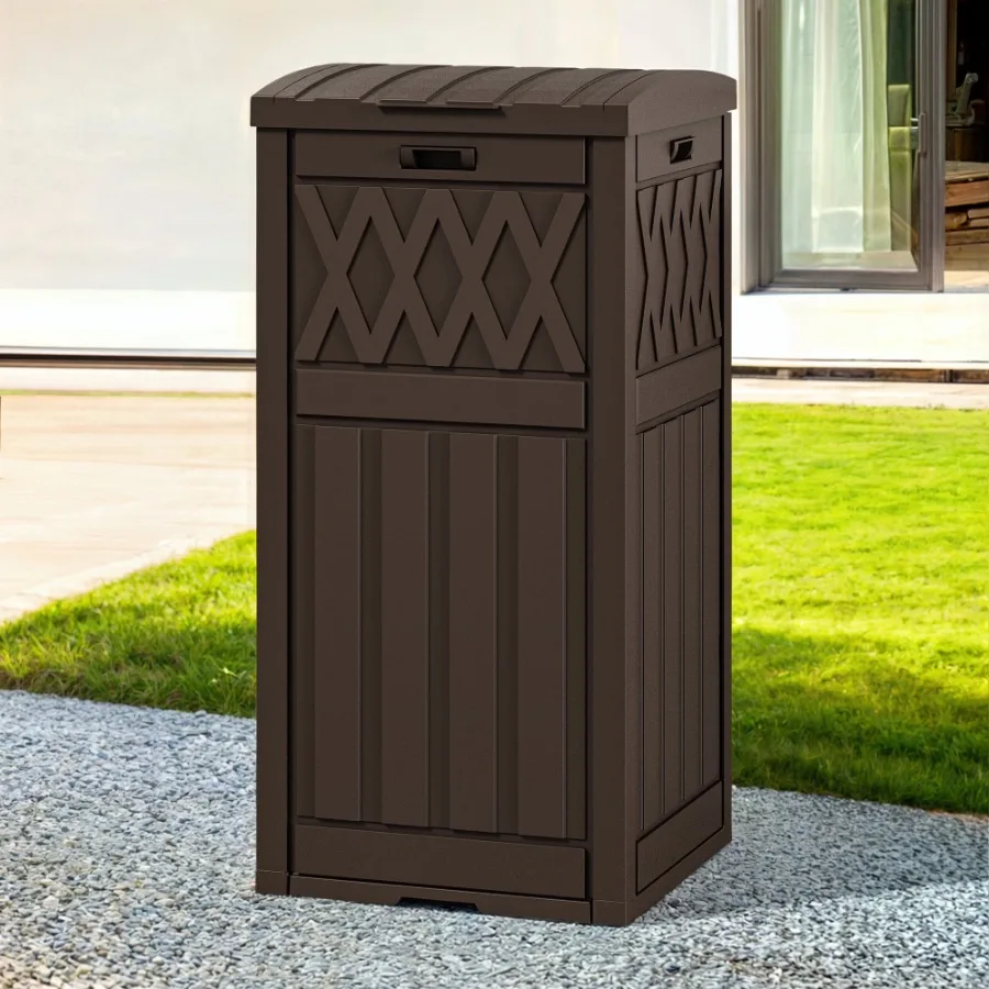

31 Gallon Outdoor Trash Can with Waterproof Resin Construction Drip Tray and Secure Lid Ideal for Porch Backyard and Patio Use