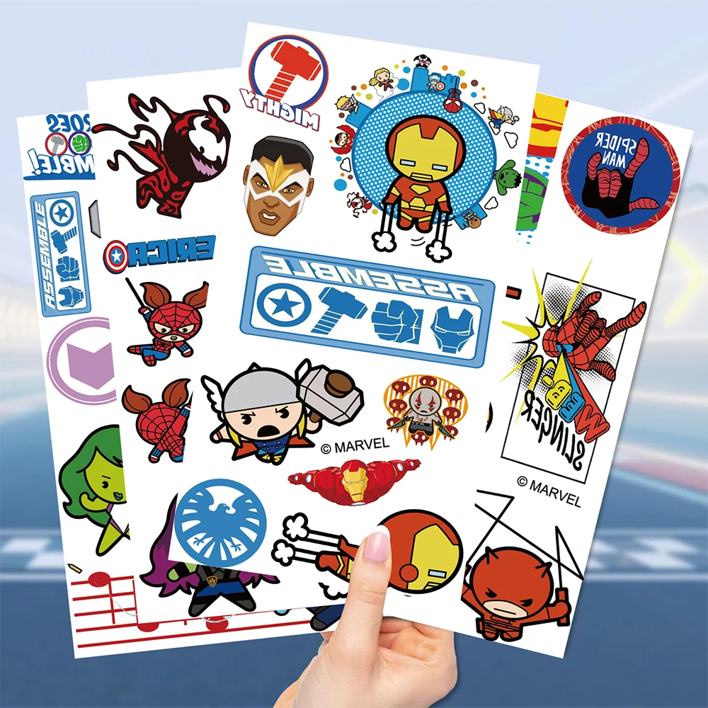 10 أوراق ديزني مارفل خارقة الكرتون كول مضحك الرجل الحديدي السم لصاقات وشم لطيف شخصية الكتابة على الجدران الشارات لعبة أطفال