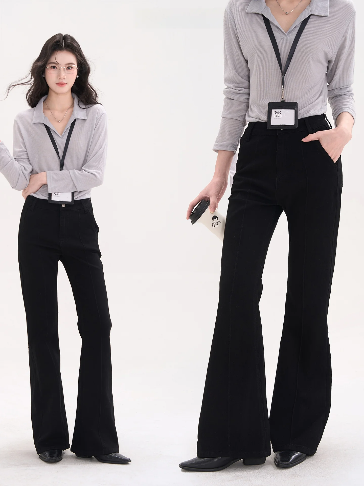 

Женские джинсы-клеш с высокой талией из эластичного хлопка для похудения, весенняя модная коллекция, черные, эластичные, джинсовые брюки