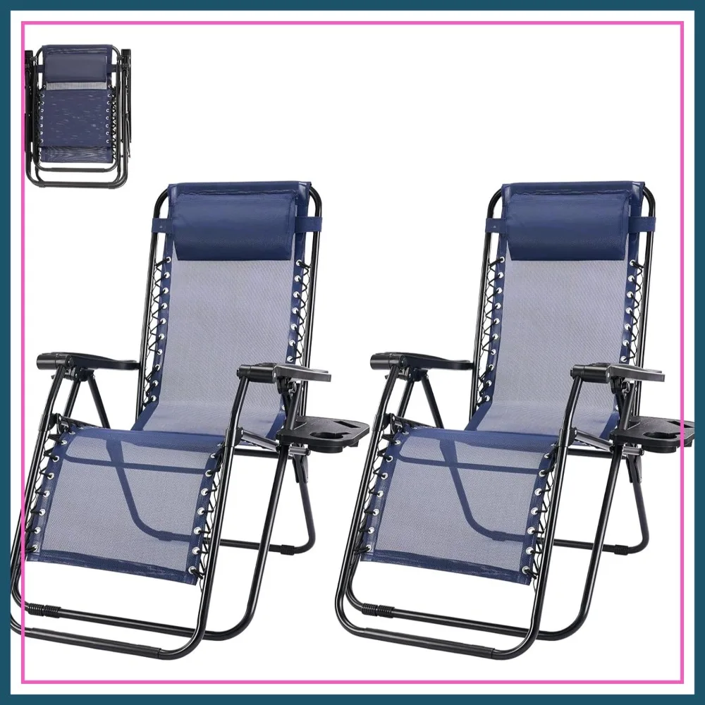 

Zero Gravity Lounge Chair Set of 2, Folding Portable Reclining Chairs with Pillow, Mesh Back, Cup Holder for Patio Lawn Beach