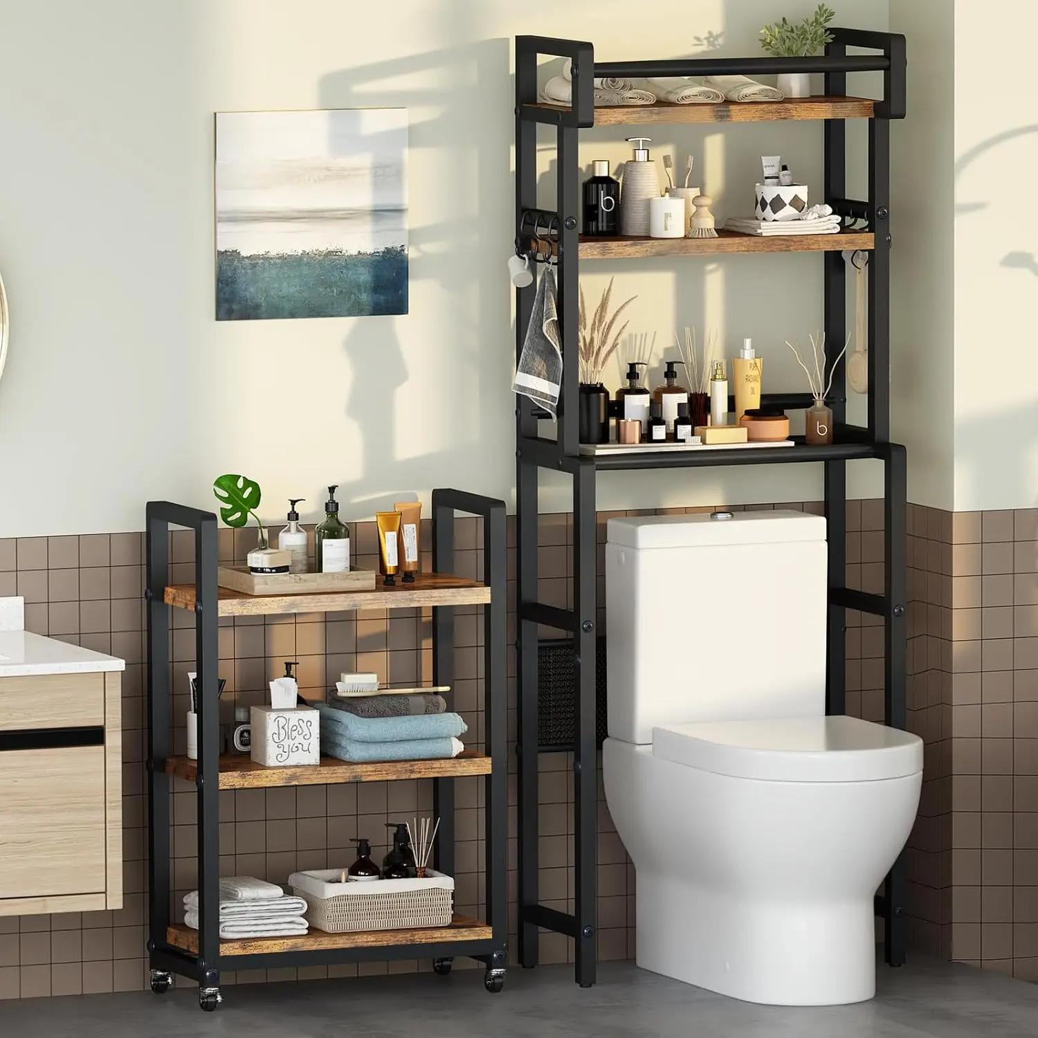 

6-Tier Over Toilet Storage Shelf with Cart Freestanding Bathroom Organizer Rack Space Saver Brown, Customized