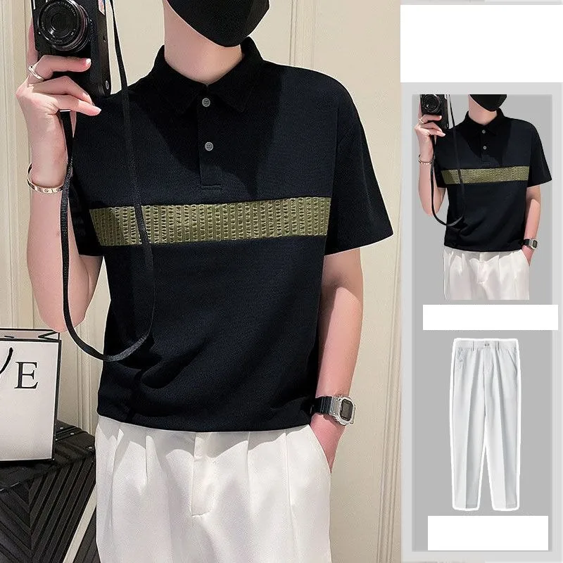 Summer Men's Pullover Solid Turn-down Collar Button Short Sleeve T-shirt High Waist Pockets Casual Sports Pants Clothing Set