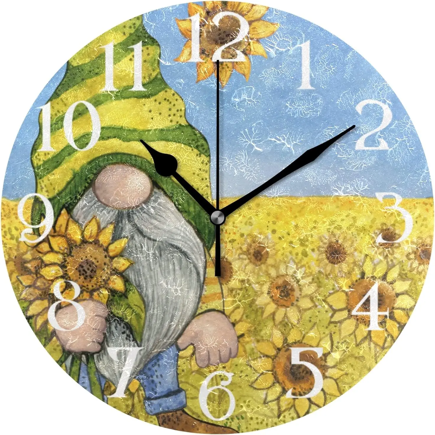 Sunflower Gnome Wall Clock 9.5 Inch Non Ticking Silent Kitchen Clocks Cute Yellow Flower Round Bathroom Clock Battery Operated Q