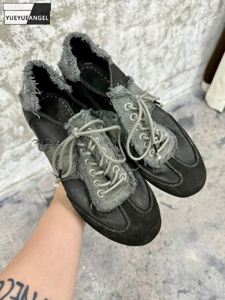 

Мужские дышащие повседневные универсальные кроссовки из натуральной кожи и холщовой ткани с круглым носком, с кисточками, на шнуровке, модные, удобные