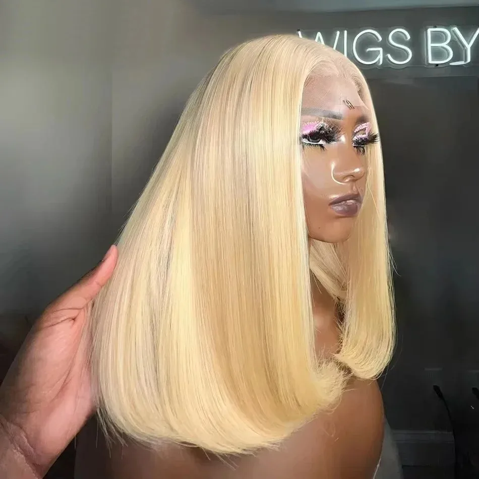 

613 Парик Боб Блондинка Прямая Блондинка 13X4 Кружевные Фронтальные Парики Термостойкие Синтетические Парики Фронта Шнурка Предварительно Сорванные