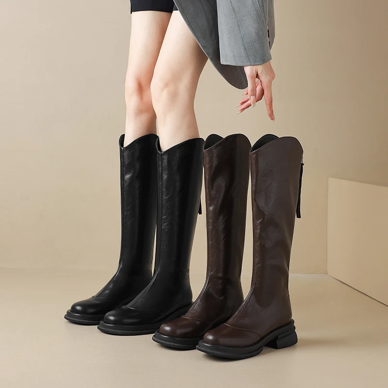

2024 Winter Retro Knee High Boots for Ladies Block Med Heel Back Zipper Party Suede Women Shoes Black Brown Plus Size 41 42 43