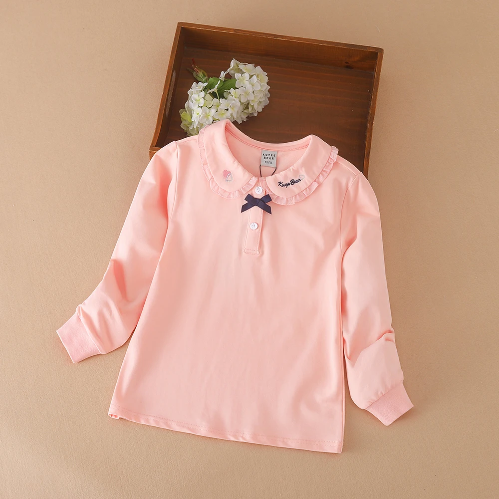 Girls Shirt School Uniform for Kids Spring Autumn Long Sleeves Polo Shirt Children Turn Down Colloar Top