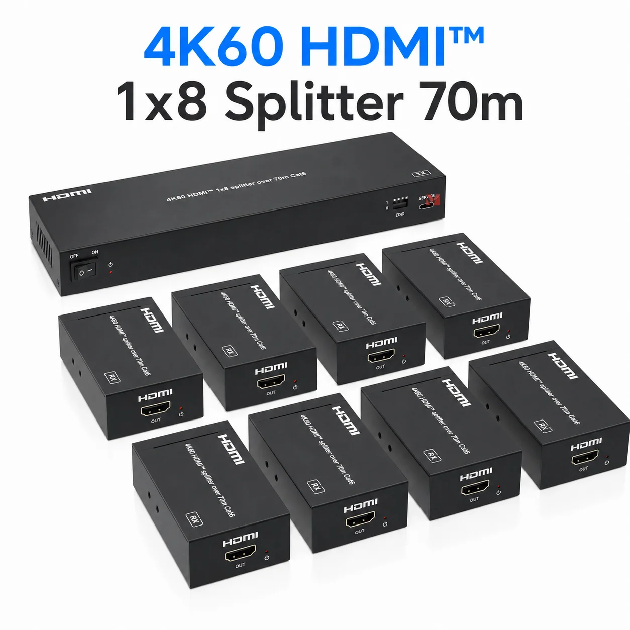 4K60Hz HDMI 1x8 Splitter 70m CAT6 Extender HDMI 2.0b Distribution PoC EDID 8 Port 4K Video Extender