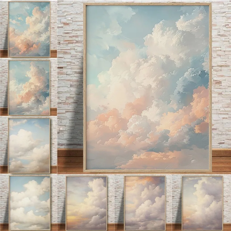 Vintage Pastel Cloud Poster Beautiful Sky Landscape Canvas Painting Abstract Wall Art for Nursery Living Room Home Decor Mura