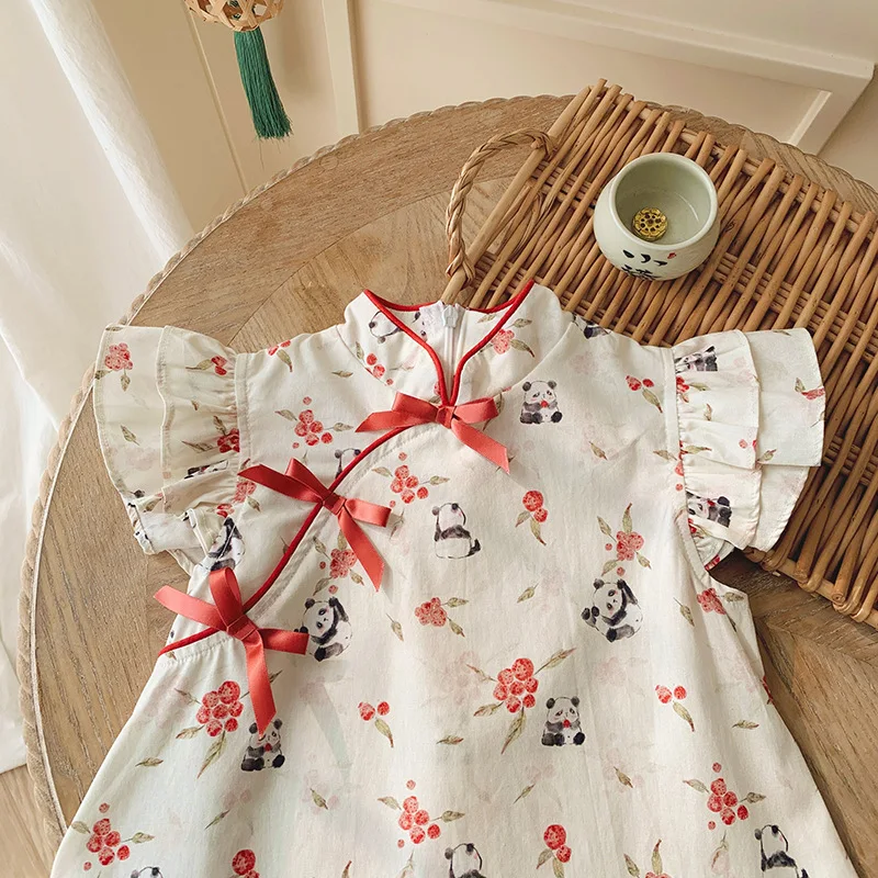 Girls' National Style Cheongsam Dress 2026 Summer Edition Printed Cotton Children's Skirt with Western Style