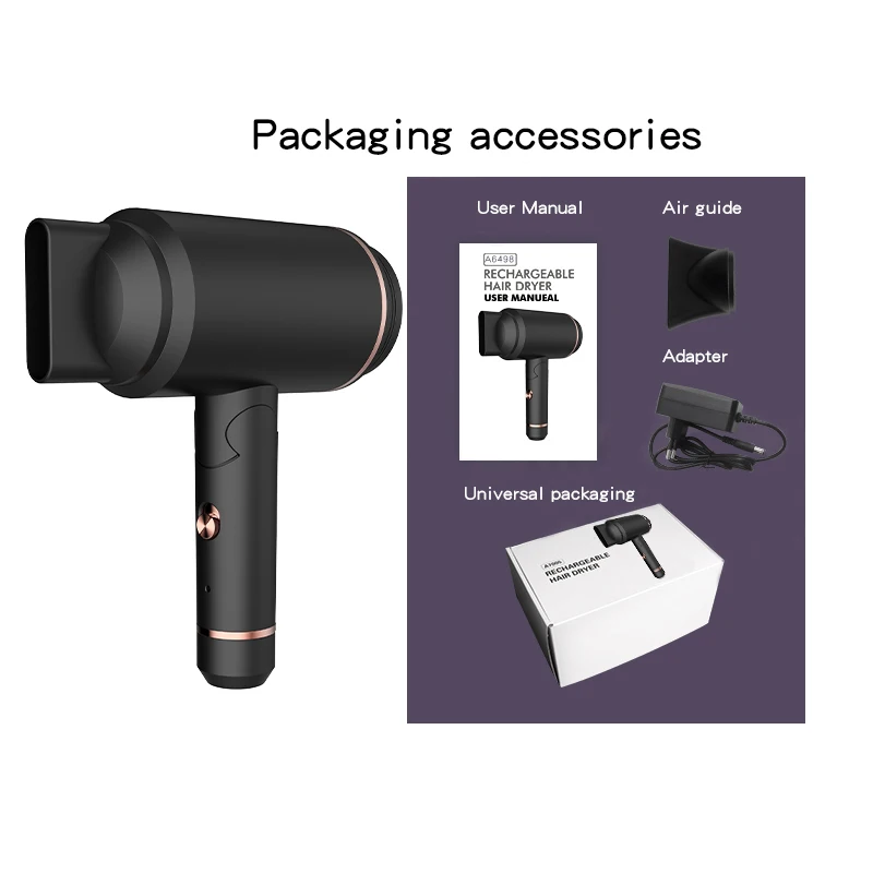 Secador de cabelo iônico profissional de 400 W - portátil sem fio e recarregável para uso em hotel/casa (secagem rápida, leve, baixo ruído) ​